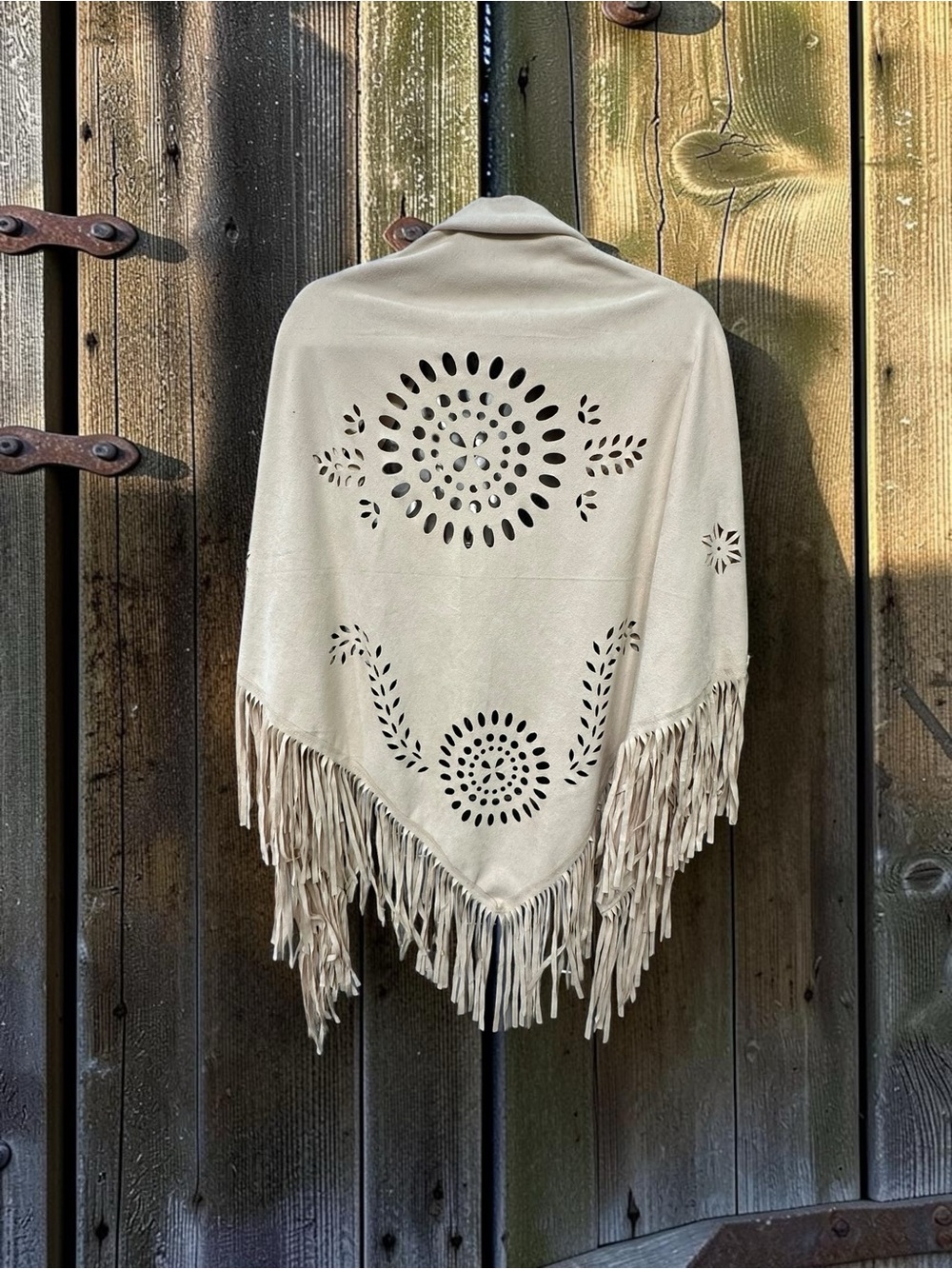 Karma faux suede laser cut with fringe throw over shawl. Cream. One Size